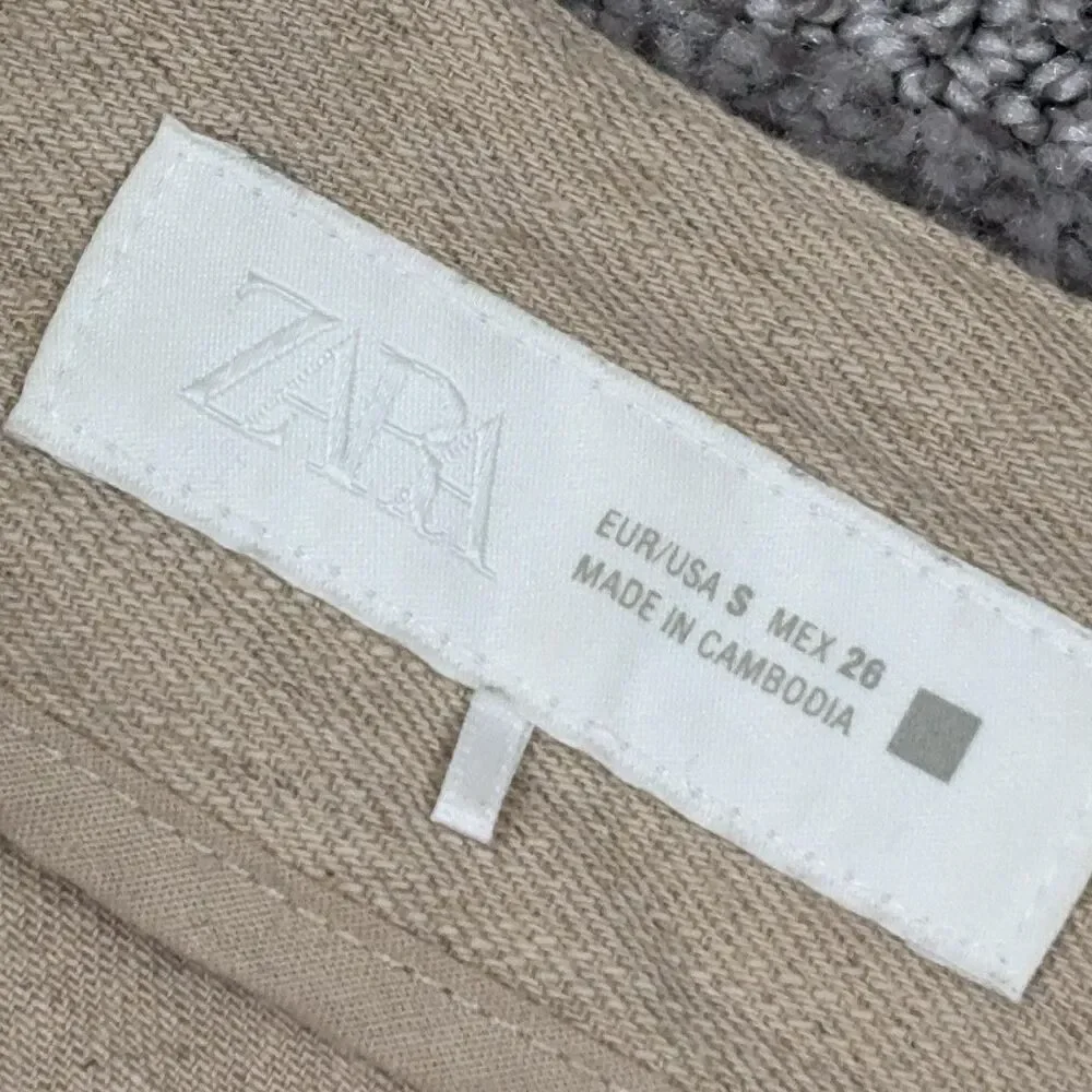 Zara Pants Womens Small Beige Linen Blend Wide Leg Crop Fringe Capsule Lagenlook